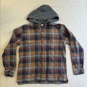 Billabong Plaid Hooded Flannel Shirt Jacket Brown Gray Core Fit Large